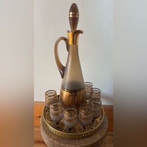 Vintage Bohemian Amber Crystal Decanter Set